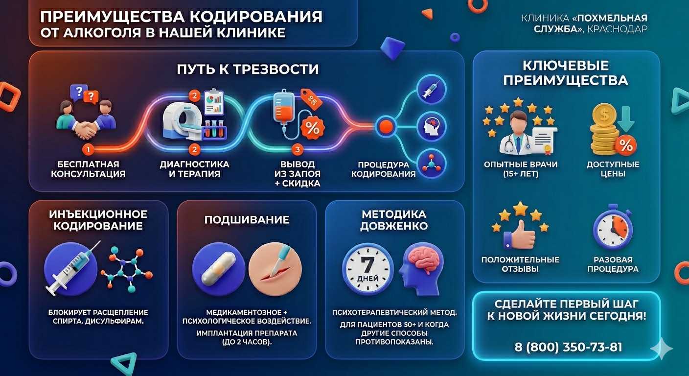 Инфографика о методах кодирования от алкоголя в Данилове: инъекции, подшивание, метод Довженко. Преимущества клиники и этапы лечения.